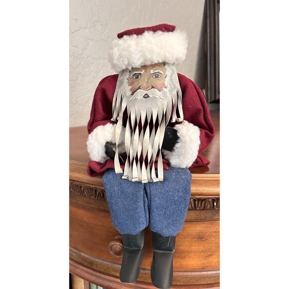 Vtg American Primitive Shelf Sitting Santa Tin Metal & Fabric Signed 1987 USA - Picture 1 of 6